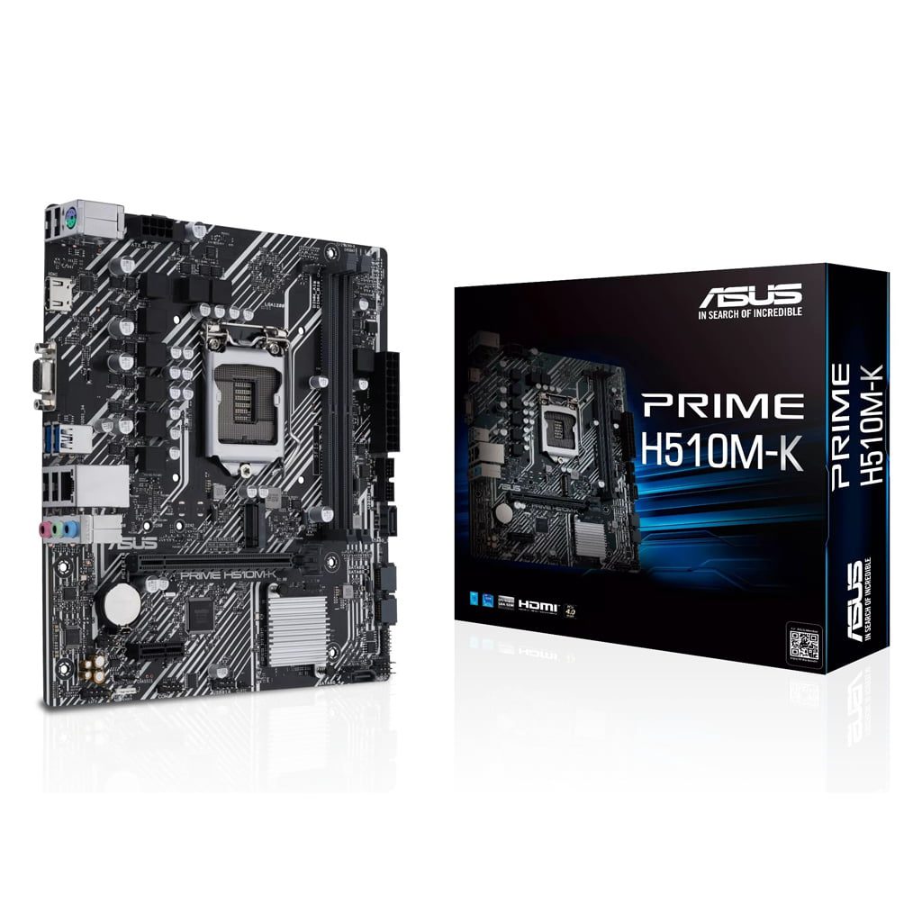 ASUS PRIME H510M-K (LGA 1200) micro ATX motherboard with PCIe 4.0, 32Gbps M.2 slot, Intel® 1 Gb Ethernet, HDMI, D-Sub, USB 3.2 Gen 1 Type-A, SATA 6 Gbps, COM header, and RGB header