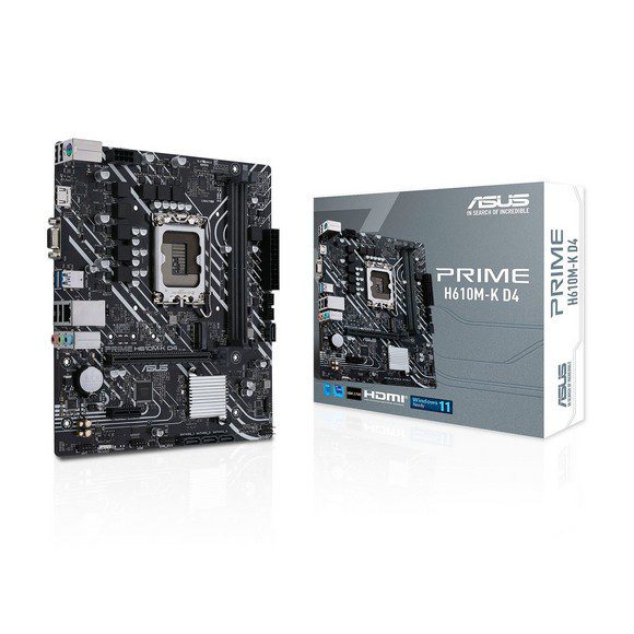 Asus Prime H610M-K D4 Intel® H610 (LGA 1700) mic-ATX motherboard with DDR4, PCIe 4.0, M.2 slot, Realtek 1 Gb Ethernet, HDMI®, D-Sub, USB 3.2 Gen 1 ports, SATA 6 Gbps, COM header, RGB header