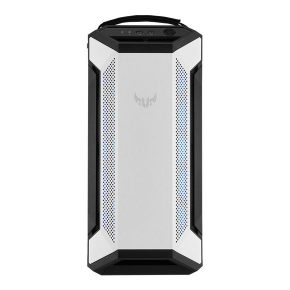 ASUS TUF Gaming GT501 case supports up to EATX with metal front panel, tempered-glass side panel, 120 mm RGB fan, 140 mm PWM fan, radiator space reserved, and USB 3.1 Gen 1 White