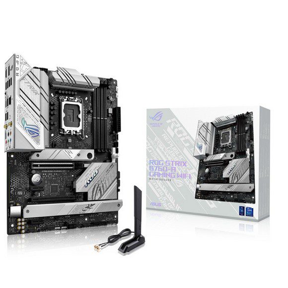 ASUS ROG Strix B760-A Gaming WiFi Intel B760 (13th and 12th Gen) LGA 1700 white ATX motherboard, 12 + 1 power stages, DDR5, PCIe 5.0,three M.2 slots, WiFi 6E, USB 3.2 Gen 2x2 Type-C, and Aura Sync RGB Gaming Motherboard