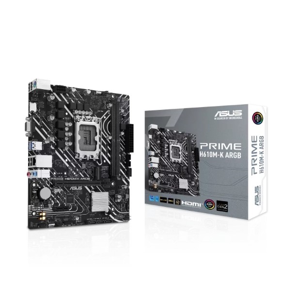 Asus Prime H610M-K D5 Intel® H610 (LGA 1700) micro-ATX motherboard, DDR5, PCIe 4.0, M.2 slot, Realtek 1 Gb Ethernet, HDMI™, VGA, USB 3.2 Gen 1, SATA 6 Gbps, Addressable Gen 2 headers, Aura Sync