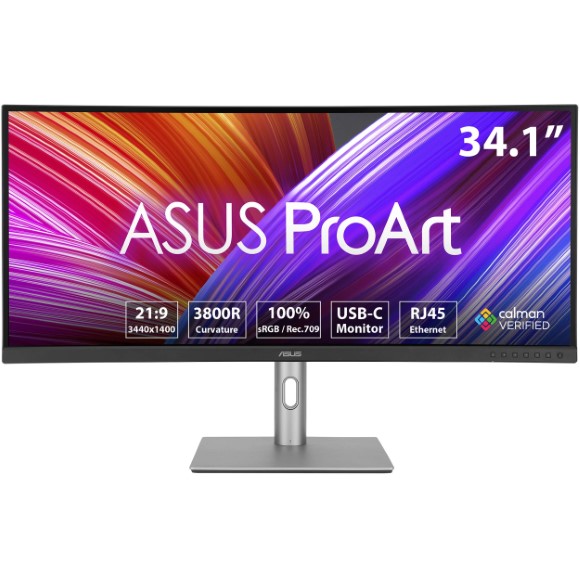 Asus ProArt Display PA34VCNV Curved Professional Monitor 34.1-inch IPS 21:9 3440 x 1440 3800R Curvature 100% sRGB / Rec.709 Color Accuracy ΔE < 2 Calman Verified USB-C Docking PD 96W RJ45 Ergonomic Stand Green Sustainability