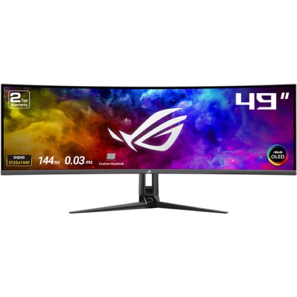 Asus ROG Swift OLED PG49WCD Gaming Monitor 49-inch (5120x1440) curved QD-OLED panel 144 Hz 0.03 ms G-SYNC® compatible custom heatsink uniform brightness ROG Smart KVM 90 W Type-C ASUS DisplayWidget Center