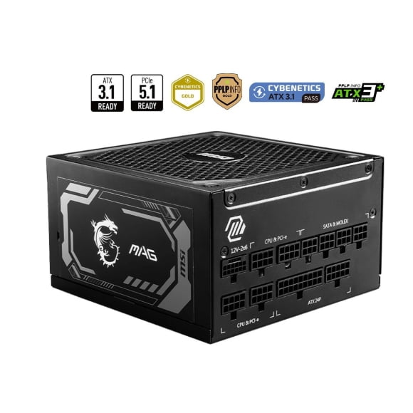 MSI MAG A1000GL PCIE 5.1, 80 GOLD Fully Modular Gaming PSU, 12V-2×6 Cable, ATX 3.1 & PCIE 5.1 Ready, 1000W Power Supply