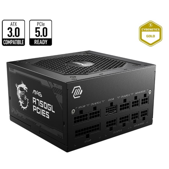 MSI MAG A750GL PCIE 5.0, 80 GOLD Fully Modular Gaming PSU, 12VHPWR Cable, ATX 3.0 Compatible, 750W Power Supply
