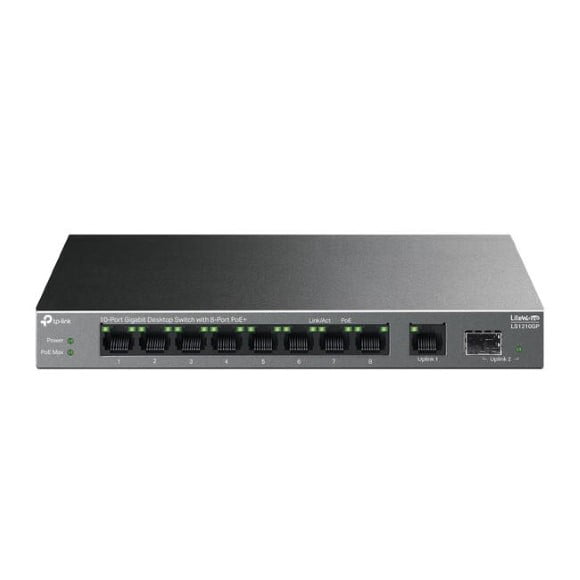 TP-LINK (LS1210GP) 10-Port Gigabit Desktop LiteWave Switch with 8-Port PoE+, GB SFP Port