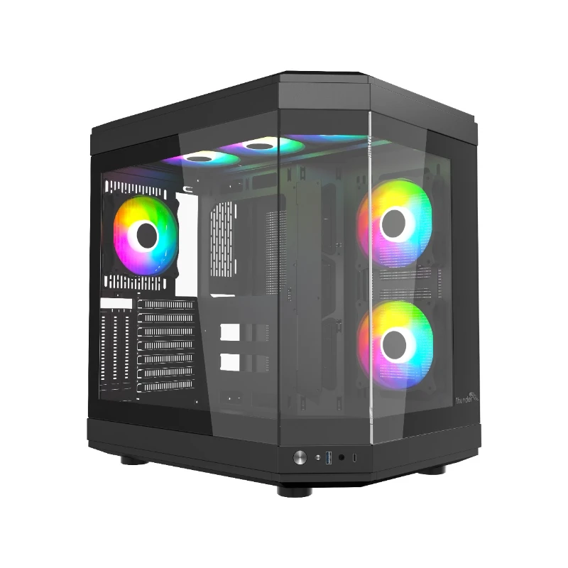 Thunder Carbon TGC-639B Modern Aesthetic Dual Chamber Panoramic Tempered Glass Mid-Tower ATX PC Gaming Case – Black