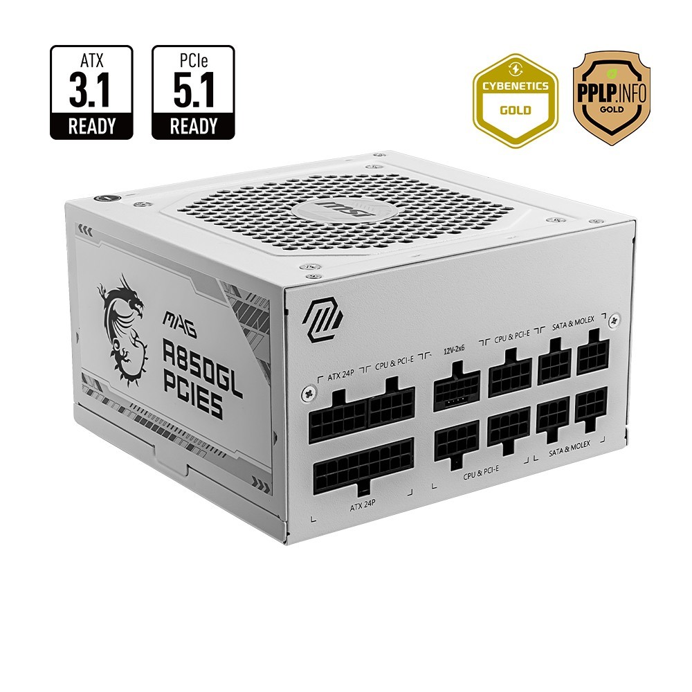 MSI MAG A850GL PCIE 5.0, 80 GOLD Fully Modular Gaming PSU, 12VHPWR Cable, ATX 3.0 Compatible, 850W Power Supply White