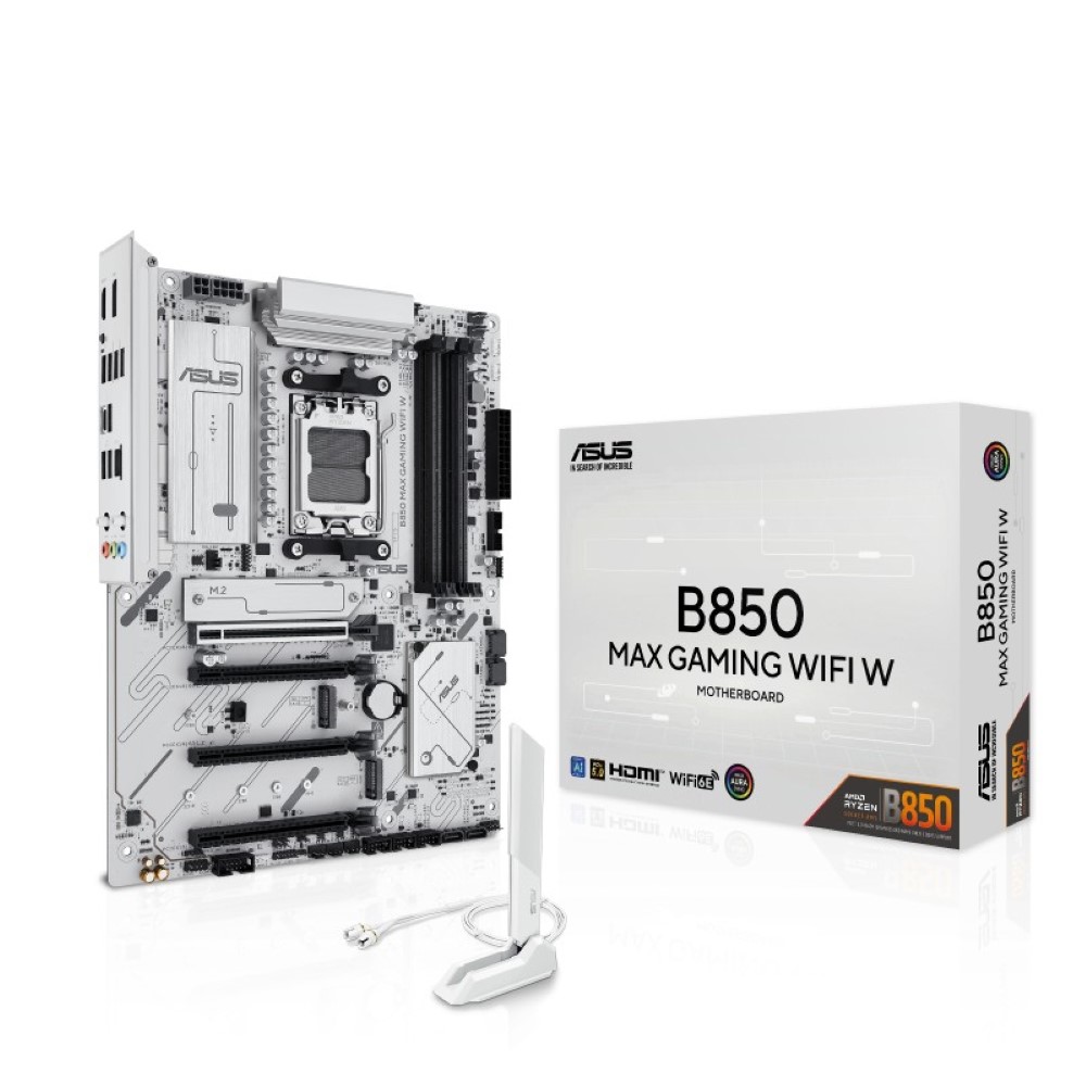 ASUS B850 MAX GAMING WIFI W - AMD AM5 ATX Motherboard White PCB DDR5 PCIe 5.0 Ready 3x M.2 Wi-Fi 6E 2.5Gb LAN USB 10Gbps Type-C DisplayPort HDMI BIOS FlashBack Aura Sync ASUS AI Advisor