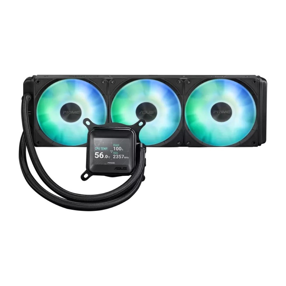 ASUS Prime LC 360 ARGB LCD all-in-one CPU liquid cooler with sharp screen showcasing CPU & GPU information with different background, high-performance Asetek pump armed with robust motor, daisy-chainable fans