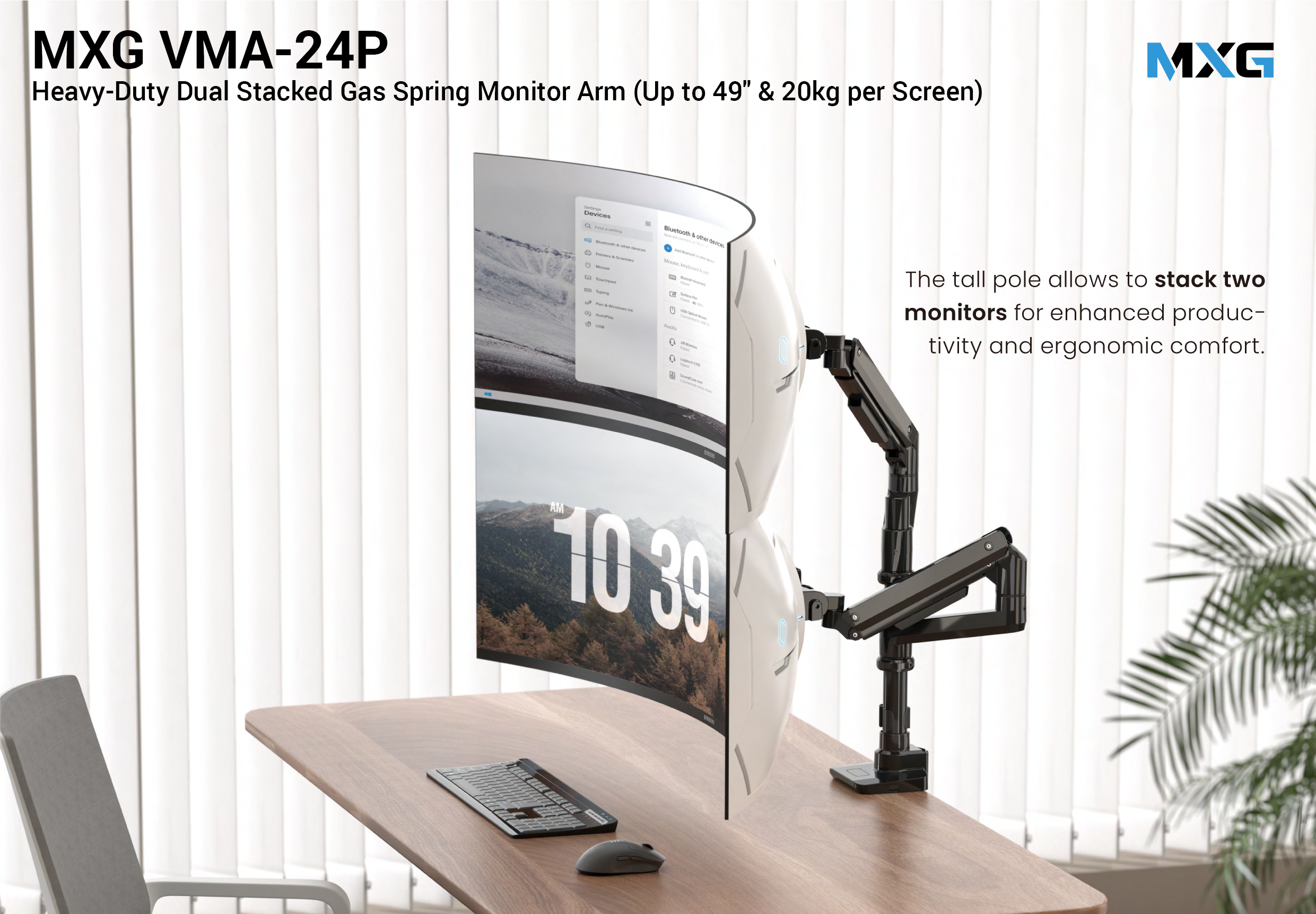 MXG VMA-24P Heavy-Duty Dual Stacked Gas Spring Monitor Arm (Up to 49 Inch & 20kg per Screen)