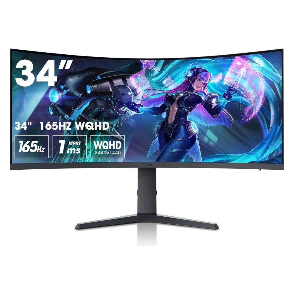 KOORUI 34E6UC 34 Inch 165Hz 1ms VA WQHD Curved 1000R, 100% SRGB, 90% DCI-P3, HDR 400 21:9 Aspect Ratio, FreeSync/G-Sync Technology, VESA Compatible, 2x HDMI 2.0 / 1x DP 1.4, Height adjustable Gaming Monitor