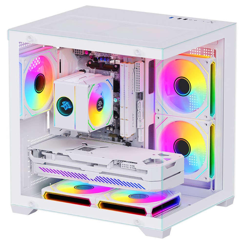 SNOWMAN CS049 Mid-Tower Gaming PC Case with Tempered Glass Side Panel and Pre-Installed ARGB Fans White