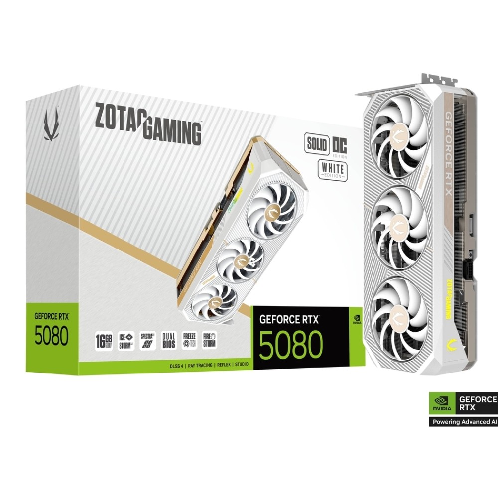 ZOTAC GAMING GeForce RTX 5080 SOLID OC Graphics Card, 16GB GDDR7 256-Bit Memory, 2640MHz Engine Clock, 30 Gbps Memory Clock, 10752 CUDA Cores, PCI Express 5.0 x16, White
