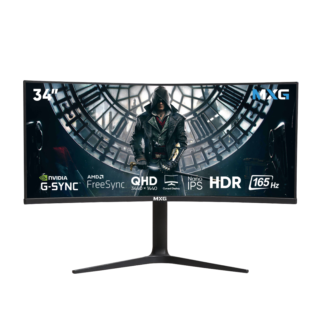 MXG G34WIC-65 | 34 Inch Curved Nano IPS Ultrawide 165Hz Display – 10-Bit Color, 99% DCI-P3 / 100% sRGB, G-Sync + FreeSync, Height Adjustable.