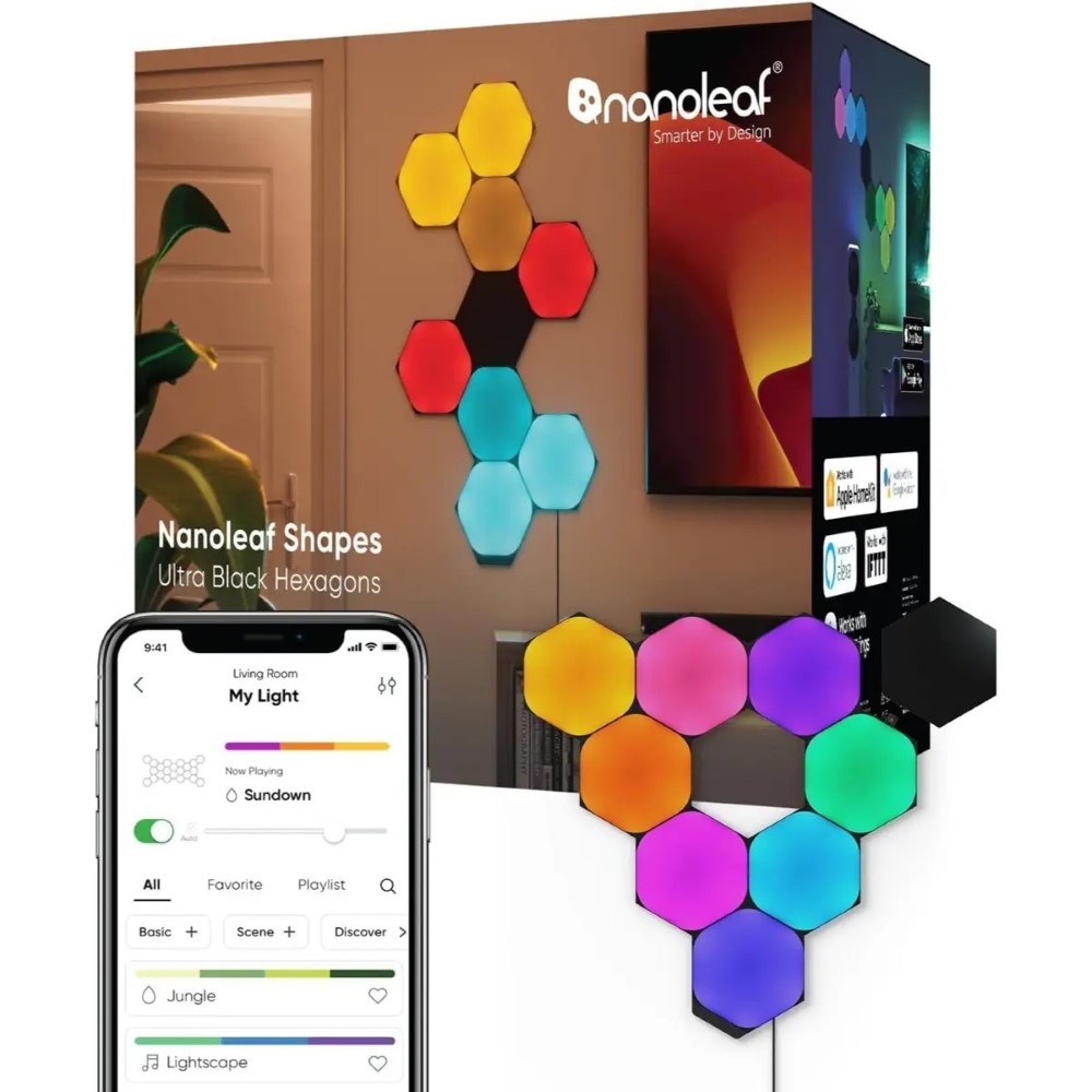 Nanoleaf Shapes Ultra Black Hexagon Starter Kit Smart Light Panels LED RGBW Modular Wi-Fi Colour Changing Wall Lights Works with Alexa Google Assistant Apple Homekit for Room Decor & Gaming (9 Panels)