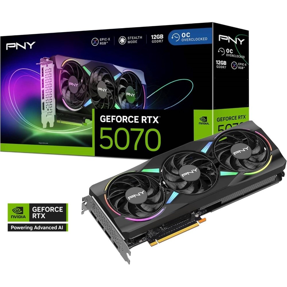 PNY GeForce RTX 5070 ARGB EPIC-X RGB OC Triple Fan Graphics Card 12GB GDDR7 192-Bit Memory 2.16 GHz Base Clock 28 Gbps Memory Speed 6144 CUDA Cores PCI-Express 5.0