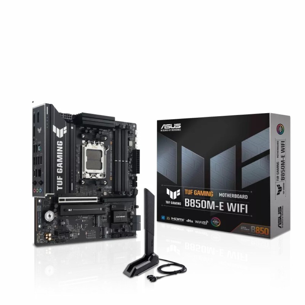 ASUS TUF GAMING B850M-E WIFI AMD B850 mATX motherboard 8+2+1 80A DrMOS power stages DDR5 PCIe 5.0 three M.2 slots WiFi 6E 2.5Gb Ethernet DisplayPort HDMI rear USB-C 10Gbps and front USB-C 5Gbps