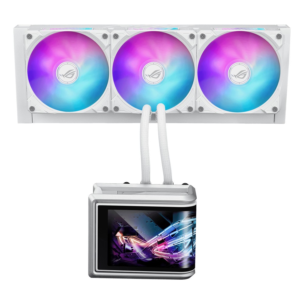 ASUS ROG Ryuo IV SLC 360 ARGB Liquid CPU Cooler 6.67 Inch AMOLED Display 360mm Radiator 3x 120mm MF-12C aRGB Fans 2650 RPM Speed 71.44 CFM Fan Airflow - White