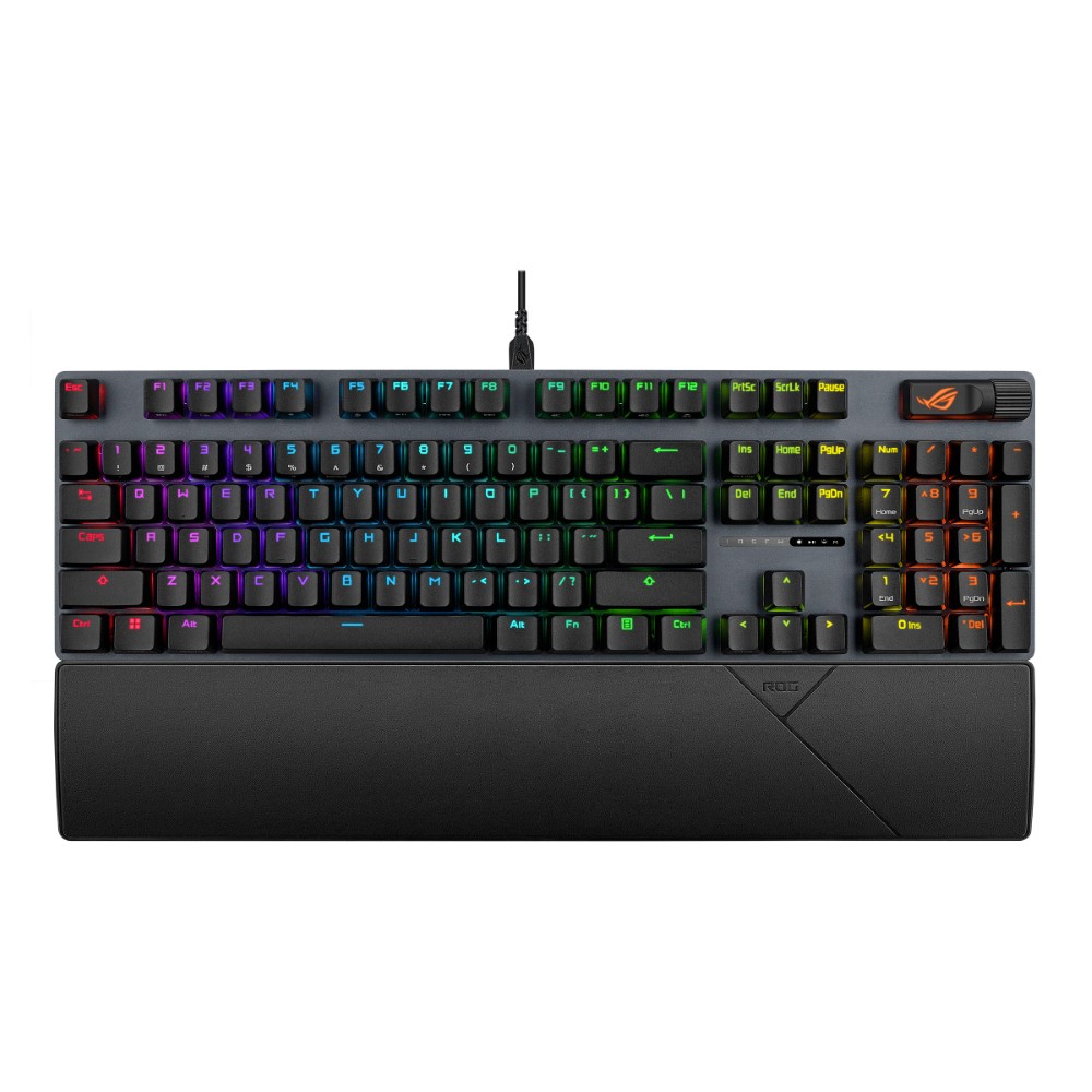 ASUS XA14 ROG Strix Scope II X 100% Gaming Keyboard, hot-swappable pre-lubed NX Snow V2 Mechanical switches, Multifunction Controls, PBT doubleshot keycaps, Silicone dampening Foam, and a Wrist Rest