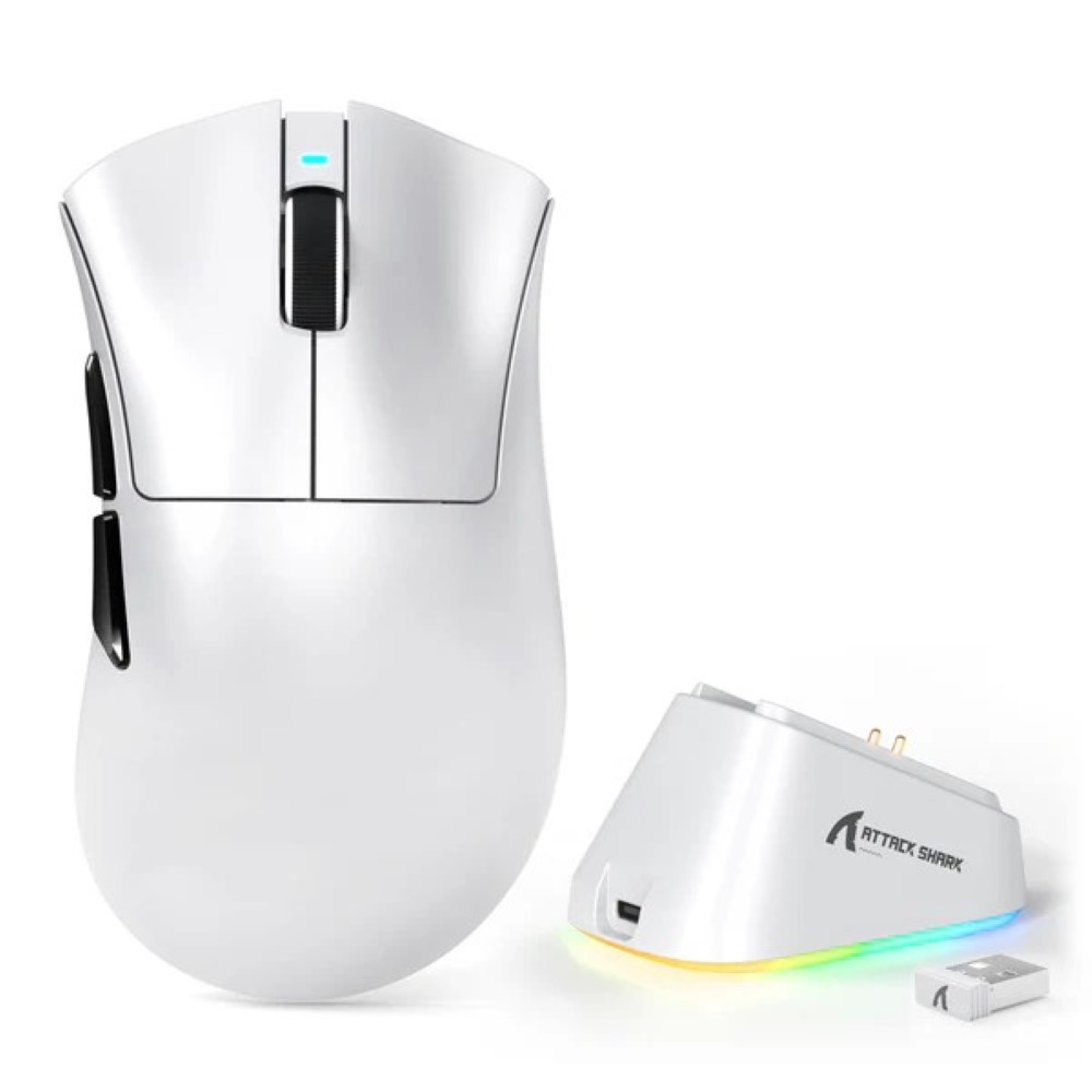 ATTACK SHARK V3 PRO Ultra-Light Tri-Mode Gaming Mouse with Charging Dock - White