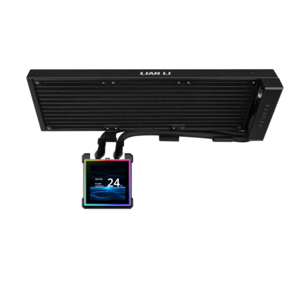 LIAN LI HydroShift II LCD-S 360N Black AIO Liquid CPU Cooler | 3.4 Inch IPS LCD | 480×480 | 360mm Radiator | 3200RPM Pump | Fanless | LGA1851/LGA1700 | AM5/AM4
