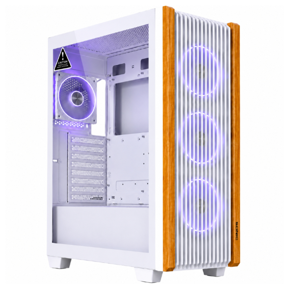 SONIC C19 Wood Mid Tower ATX Gaming PC Case White Pre-installed 4x Infinity ARGB Fans | Wooden Front Panel | Tempered Glass Side Panel | ATX / Micro-ATX / Mini-ITX | Gaming Chassis
