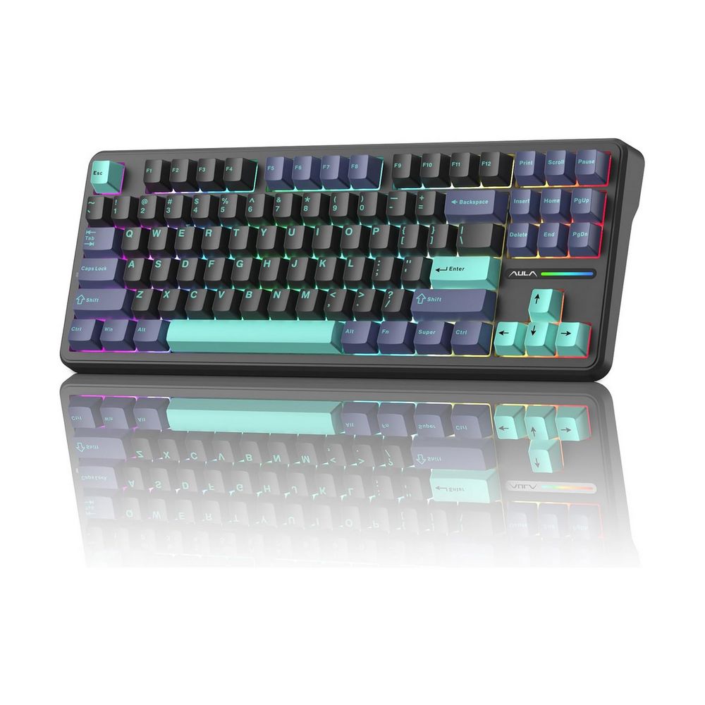 AULA F87 Pro 75% Wireless Mechanical Gaming Keyboard, RGB, Tri-Mode Bluetooth 5.0/2.4GHz/USB-C, Gasket Mount, Hot-Swappable, PBT Keycaps Gray Wood Switch – Black Cyan Blue