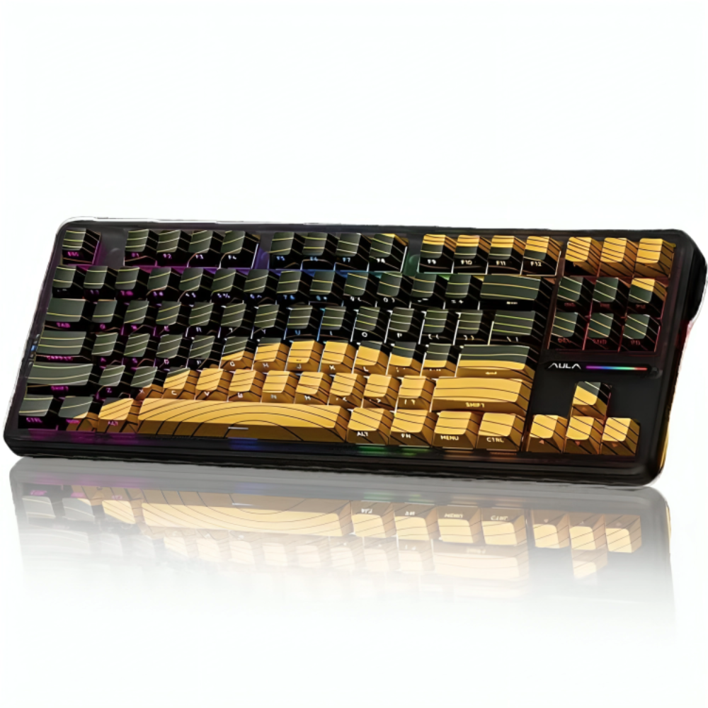 AULA F87 Pro Wireless Mechanical Gaming Keyboard 80% TKL, Hot-Swappable Gasket Mount, RGB, PBT Keycaps, Matcha Latte Switch – Black Yellow Contour