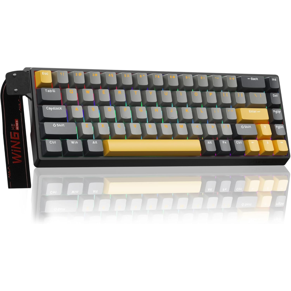 AULA WIN68 HE Max Wired Hall Effect Gaming Keyboard 68-Key, 8K Polling Rate, 0.2ms Latency, Gasket Mount, Hot-Swappable, RGB Grey & Yellow – Wing Chun Magnetic Switch