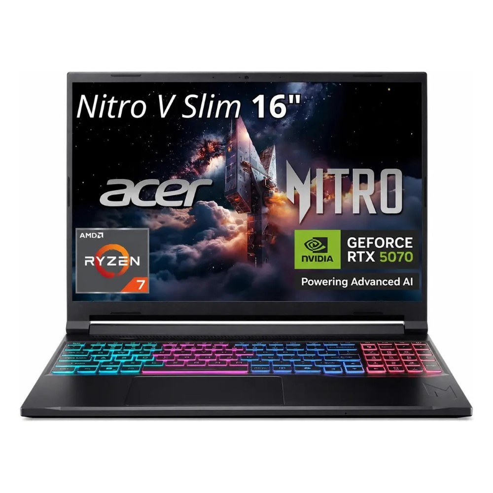 Acer Nitro V16S AI Slim ANV16S-41-R3Q0 Gaming Laptop AMD Ryzen 7 260 16GB DDR5 RAM 512GB PCIe 4.0 NVMe SSD NVIDIA GeForce RTX 5070 8GB 16 Inch WQXGA IPS 180Hz Windows 11 Home Black