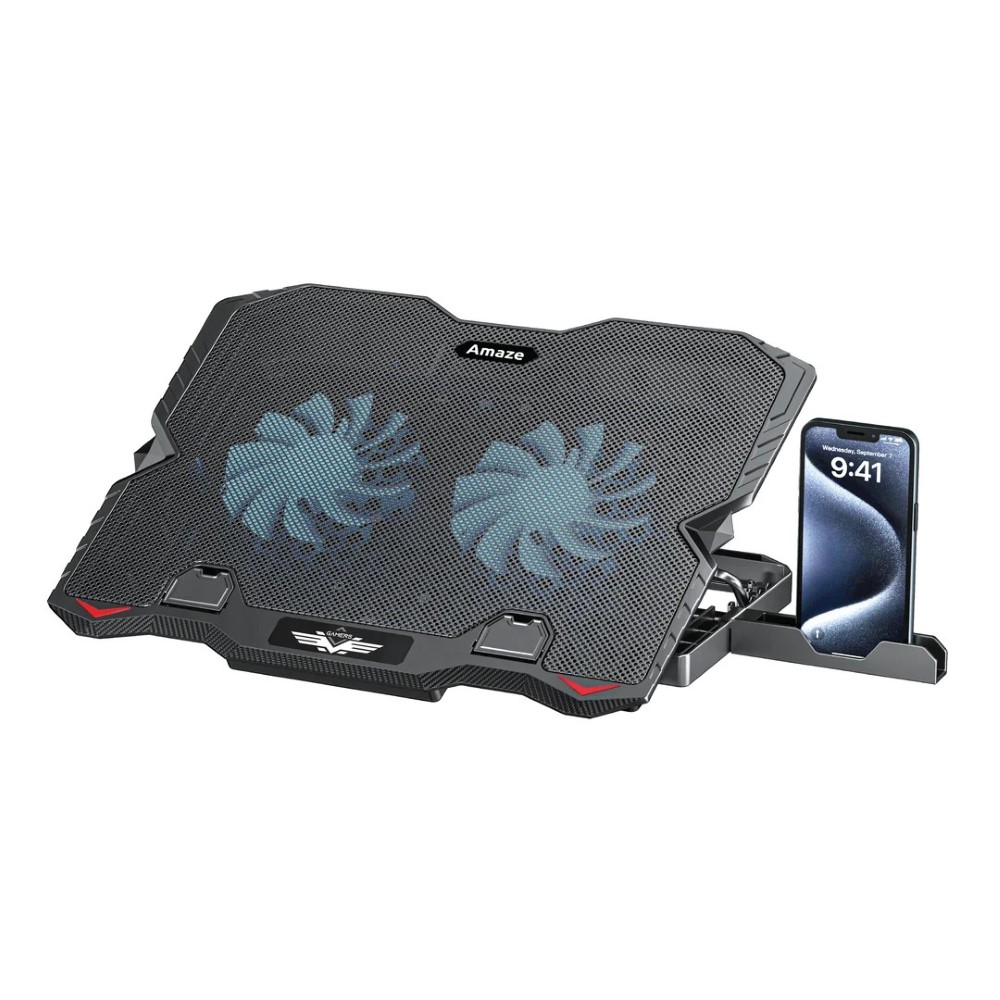 Amaze A504 Dual-Fan Laptop Cooling Pad – Ergonomic Stand with Blue LED Lighting, Adjustable Height & Dual USB Ports (For Laptops Up to 15.6 Inch)
