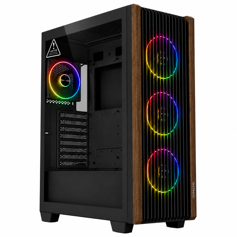 SONIC C19 Wood Mid Tower ATX Gaming PC Case Black Pre-installed 4x Infinity ARGB Fans | Wooden Front Panel | Tempered Glass Side Panel | ATX / Micro-ATX / Mini-ITX | Gaming Chassis
